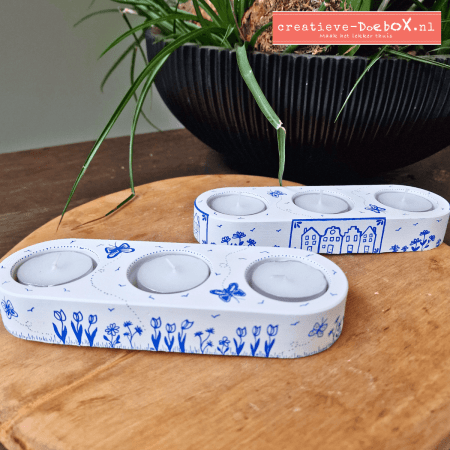 Trio Harmonie waxinelichthouders van keramisch gips om te beschilderen, set van 2 met drie kaarsopeningen