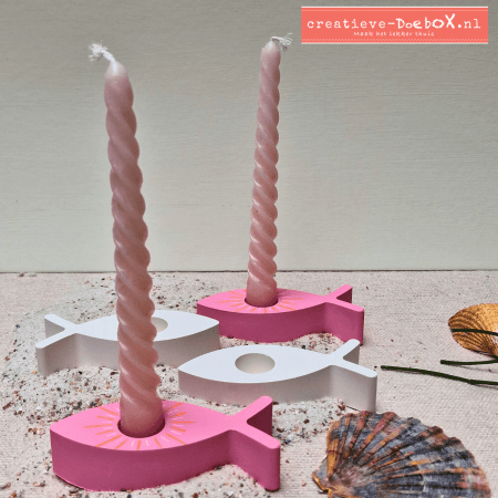 Vrolijke visjes kandelaartjes van keramisch gips om te beschilderen, set van 2 zomerse kaarsenhouders