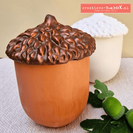 Tonderzwam eikelpotje van keramisch gips om te beschilderen, herfstdecoratie met dekseltje